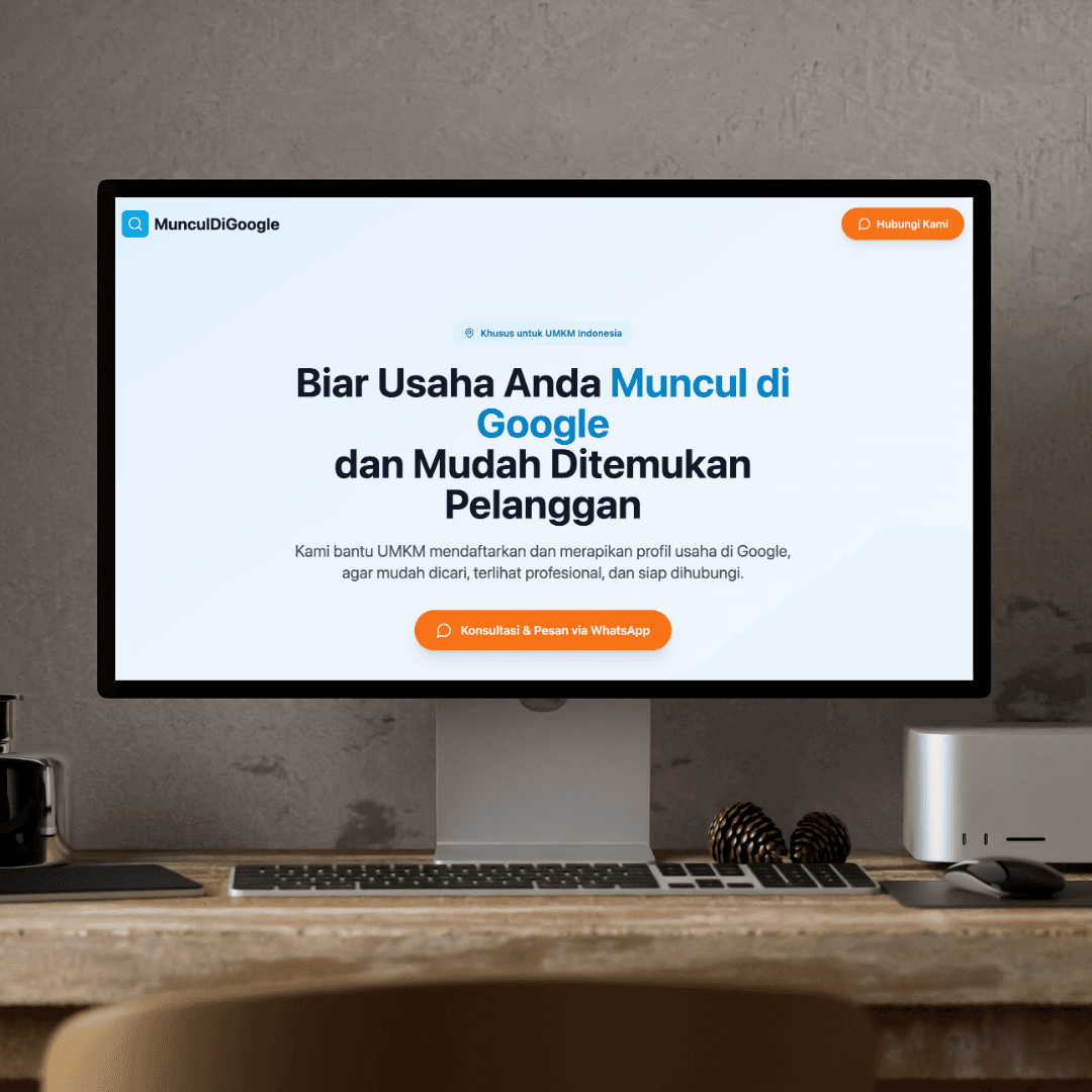 Halaman landing MunculDiGoogle ditampilkan di layar desktop